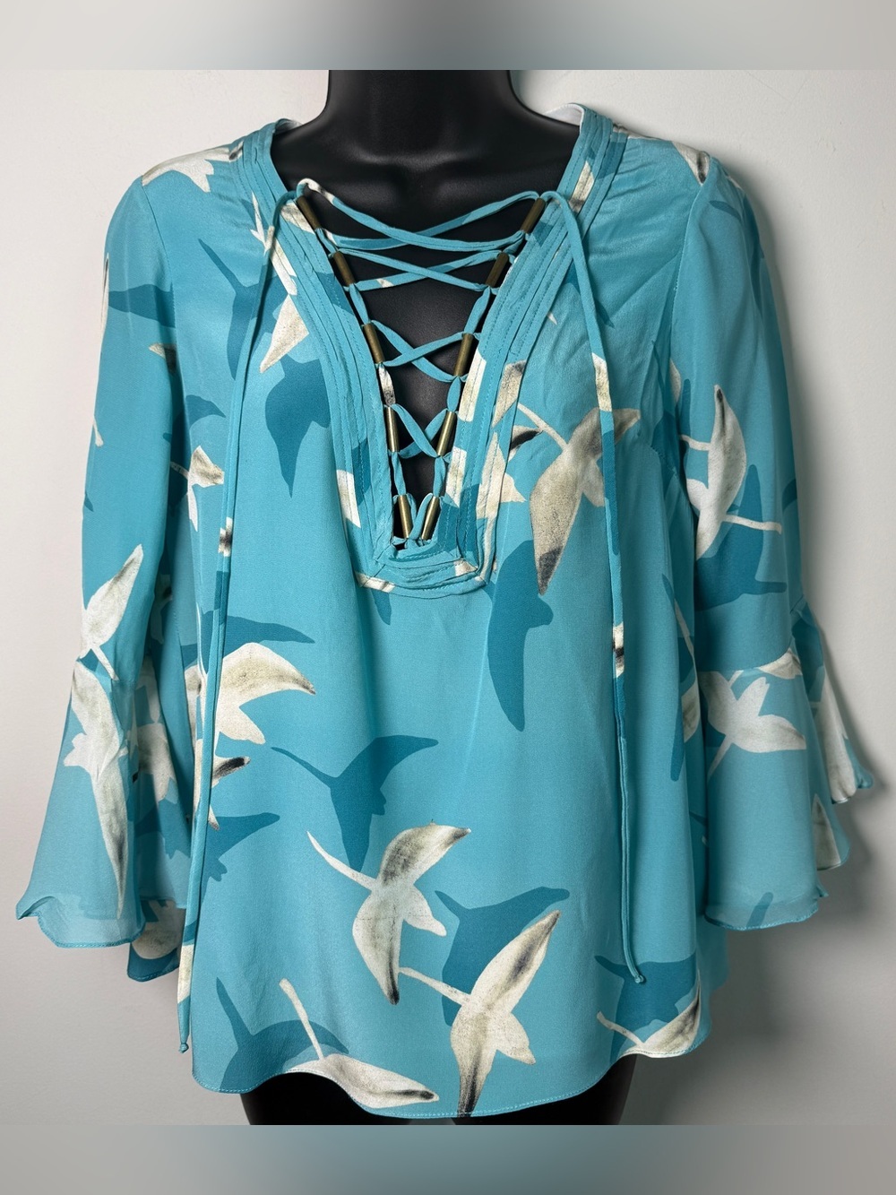 Animale Brazil Teal Bird Print Silk Lace Up Bell Sleeve Blouse Size 36 (US S)